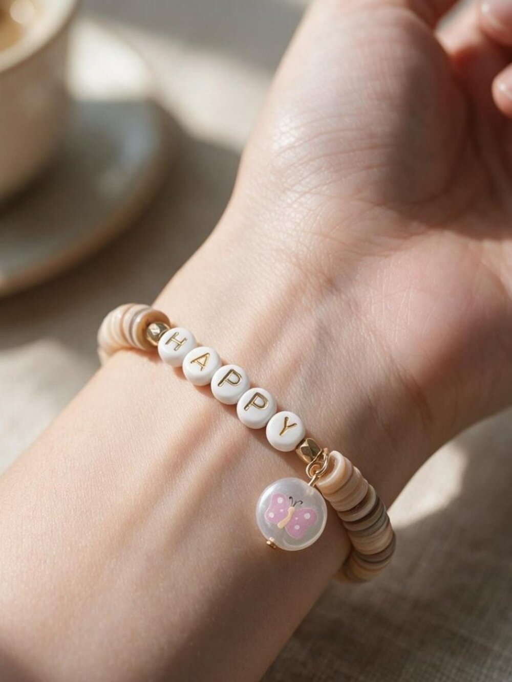 Shell Like Beads in Pink and Beige with HAPPY Saying - Butterfly Charm Bracelet